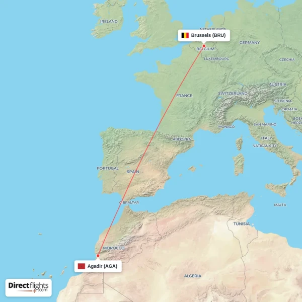 Brussels - Agadir direct flight map
