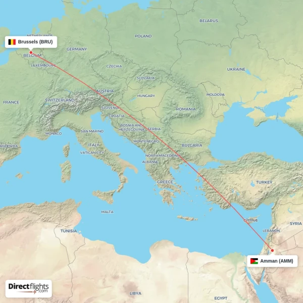 Brussels - Amman direct flight map