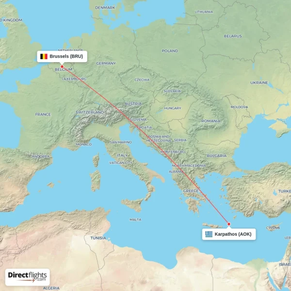 Brussels - Karpathos direct flight map