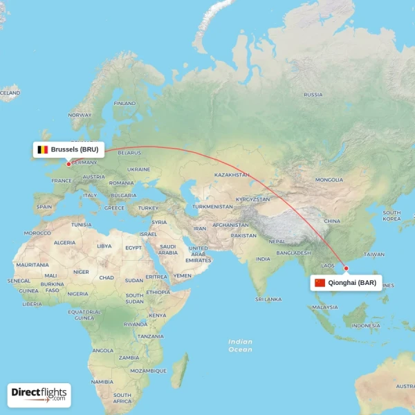 Brussels - Qionghai direct flight map