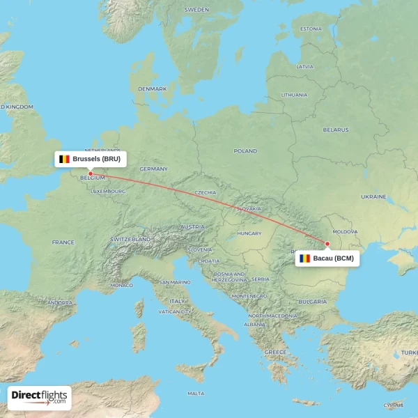 Brussels - Bacau direct flight map