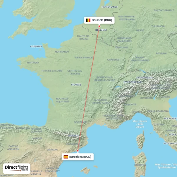 Brussels - Barcelona direct flight map