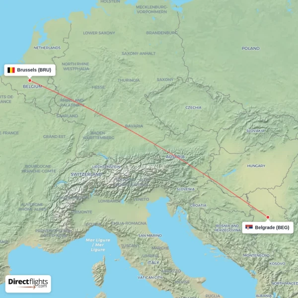 Brussels - Belgrade direct flight map
