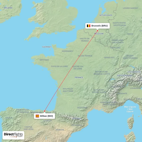 Brussels - Bilbao direct flight map
