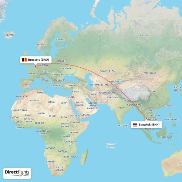 Brussels - Bangkok direct flight map