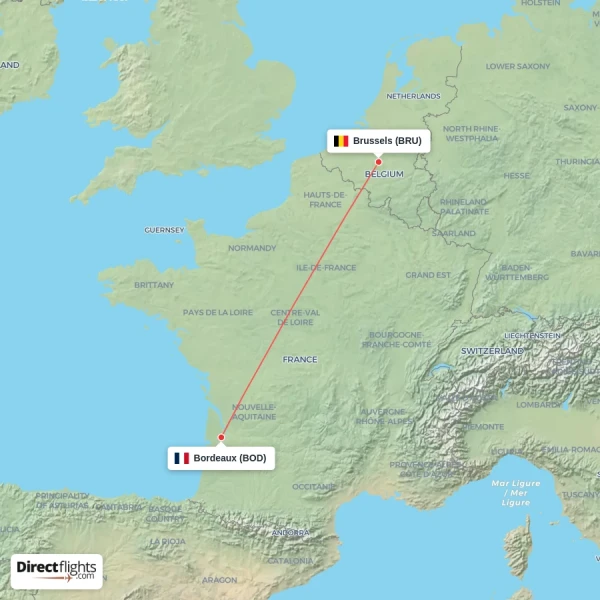 Brussels - Bordeaux direct flight map
