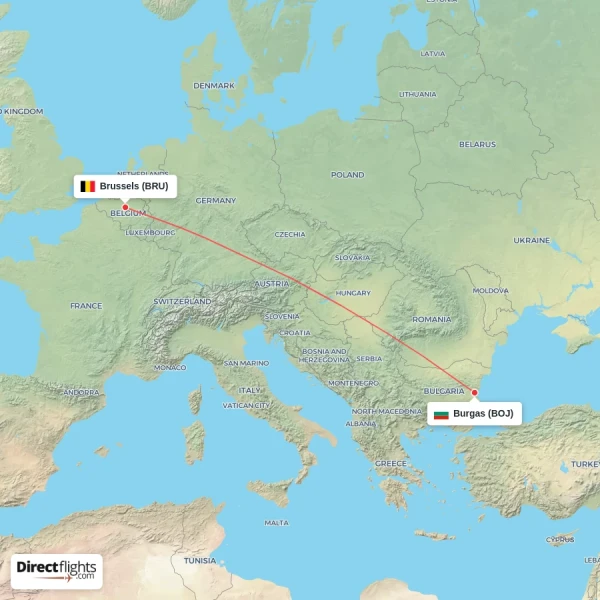 Brussels - Burgas direct flight map