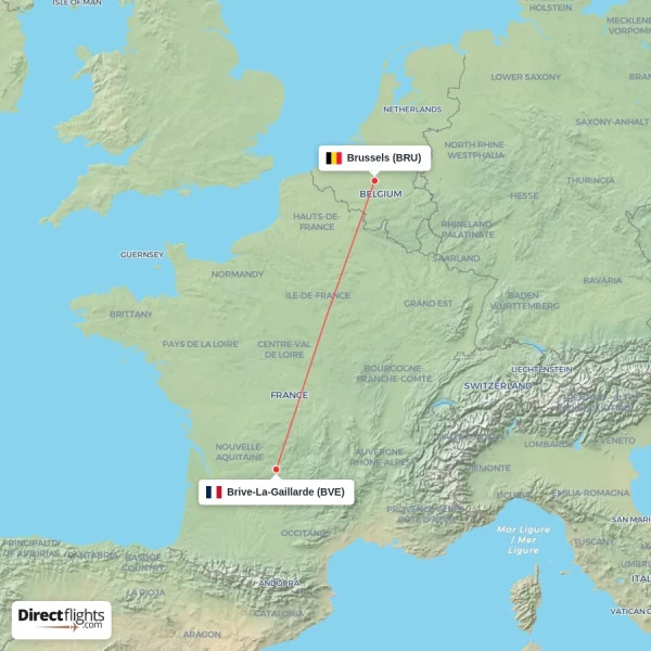 Brussels - Brive-La-Gaillarde direct flight map
