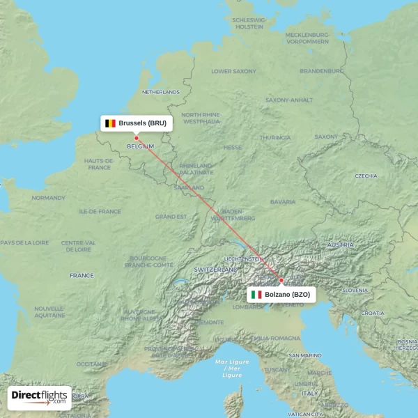 Brussels - Bolzano direct flight map