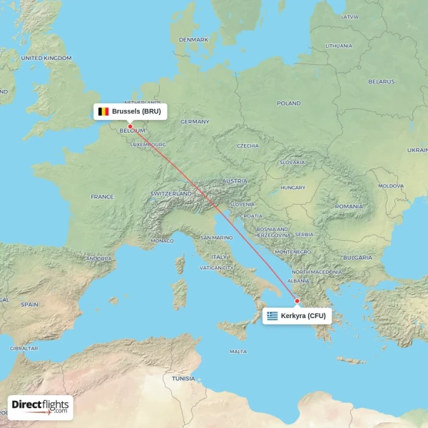 Brussels - Kerkyra direct flight map