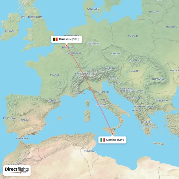 Brussels - Comiso direct flight map