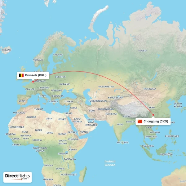 Brussels - Chongqing direct flight map