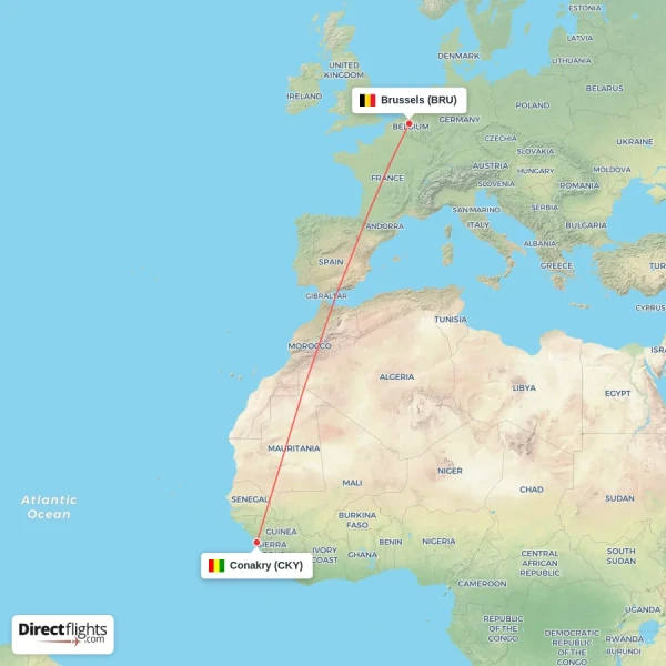 Brussels - Conakry direct flight map