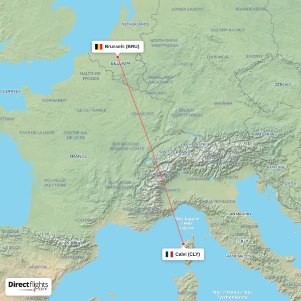 Brussels - Calvi direct flight map