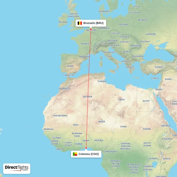 Brussels - Cotonou direct flight map
