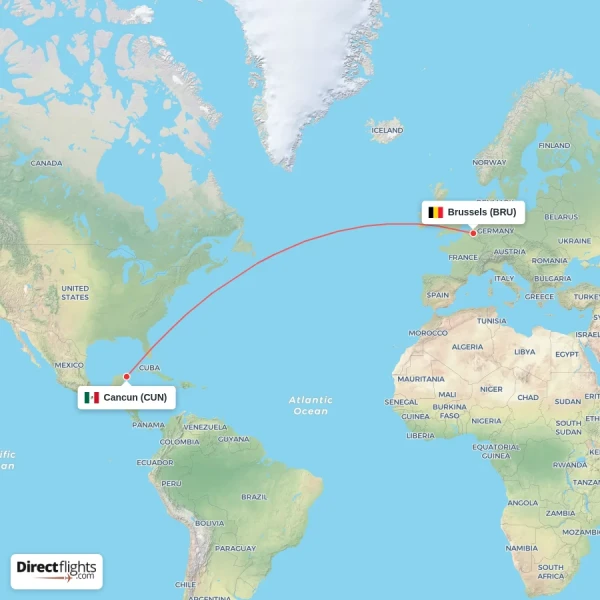 Brussels - Cancun direct flight map