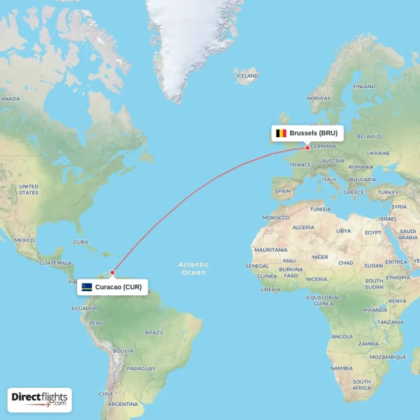 Brussels - Curacao direct flight map