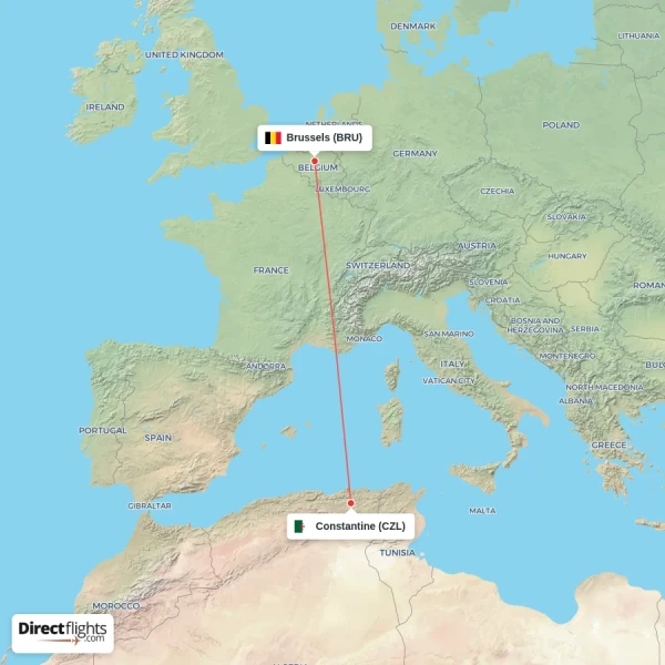 Brussels - Constantine direct flight map