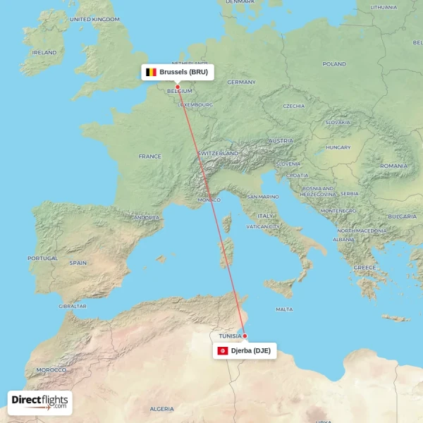Brussels - Djerba direct flight map