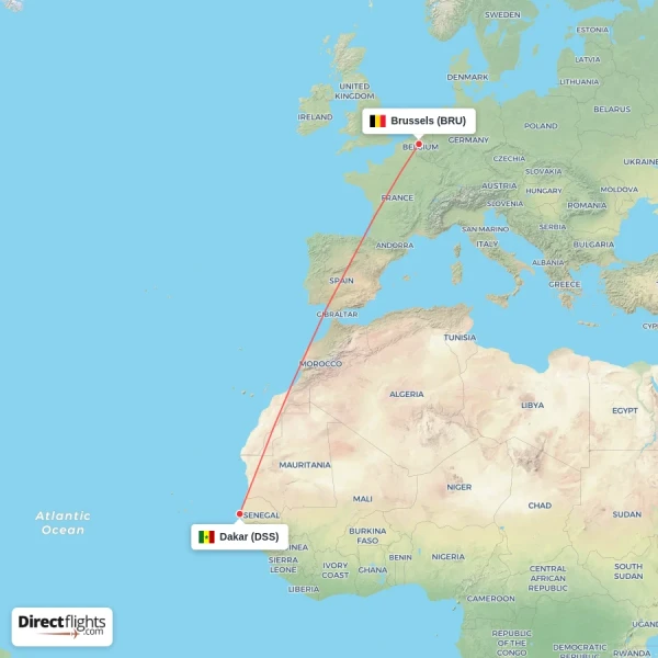 Brussels - Dakar direct flight map