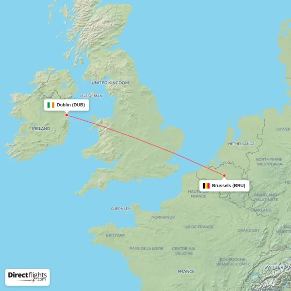 Brussels - Dublin direct flight map