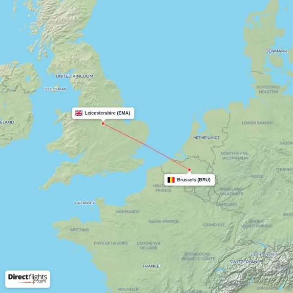Brussels - Leicestershire direct flight map