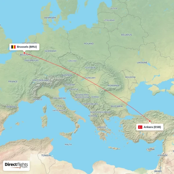 Brussels - Ankara direct flight map