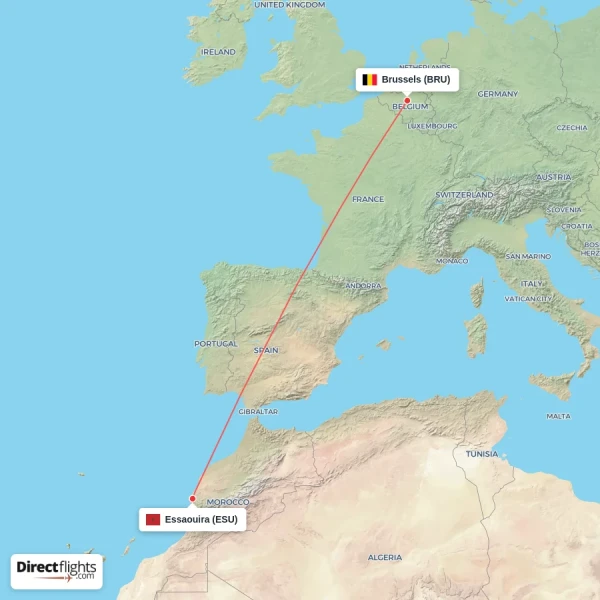 Brussels - Essaouira direct flight map