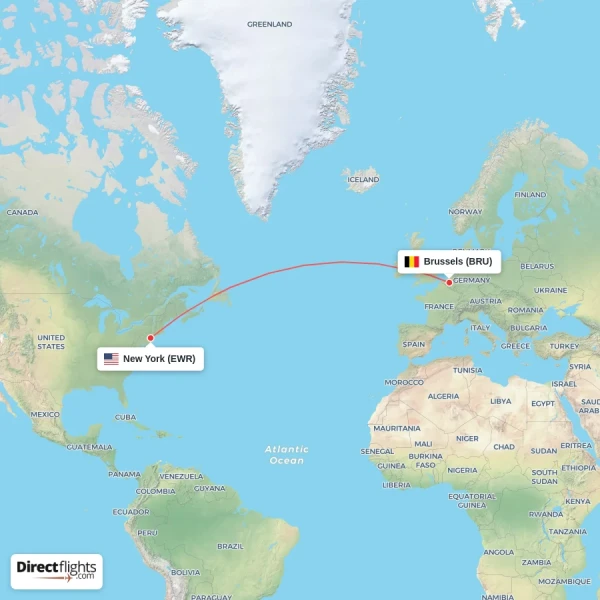 Brussels - New York direct flight map