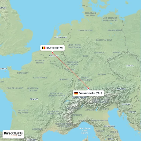 Brussels - Friedrichshafen direct flight map