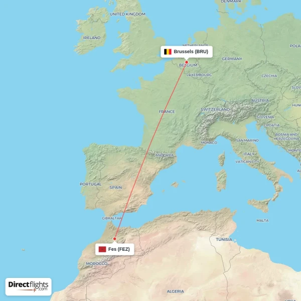 Brussels - Fes direct flight map
