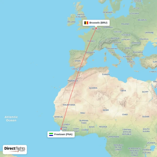 Brussels - Freetown direct flight map