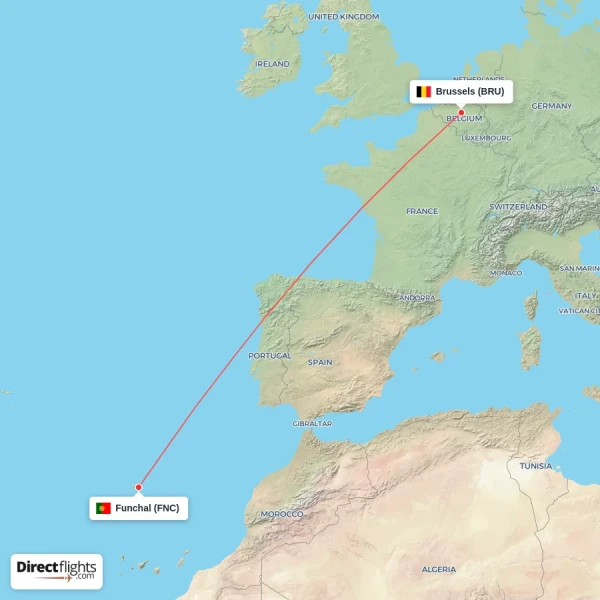 Brussels - Funchal direct flight map
