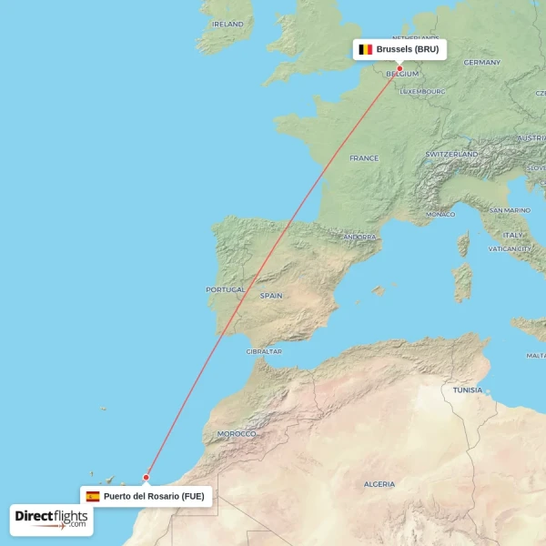 Brussels - Puerto del Rosario direct flight map