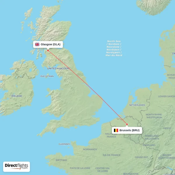Brussels - Glasgow direct flight map