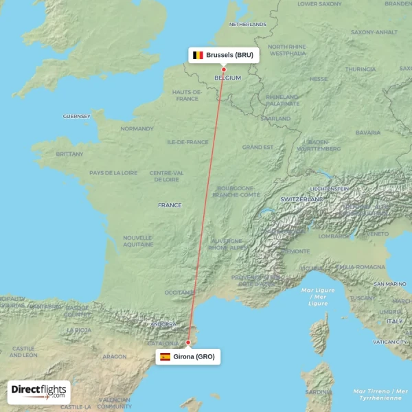 Brussels - Girona direct flight map