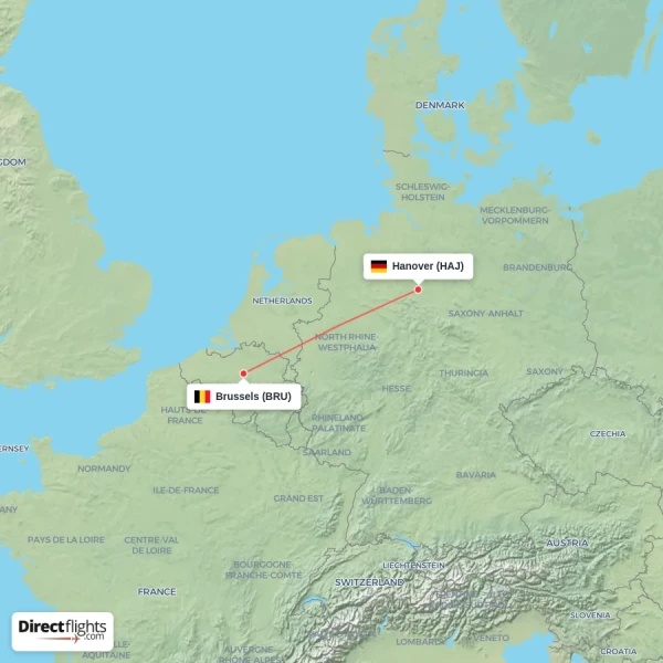 Brussels - Hanover direct flight map