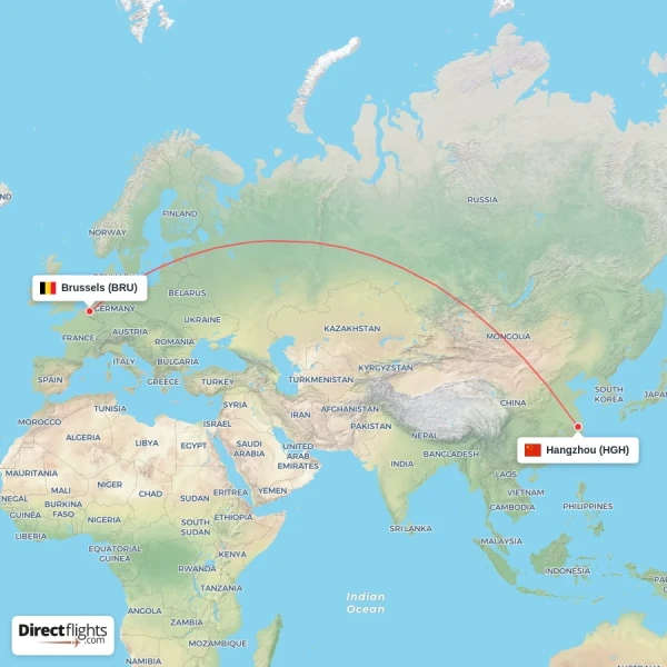 Brussels - Hangzhou direct flight map
