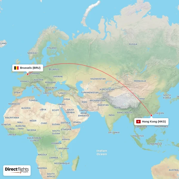Brussels - Hong Kong direct flight map