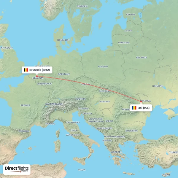 Brussels - Iasi direct flight map