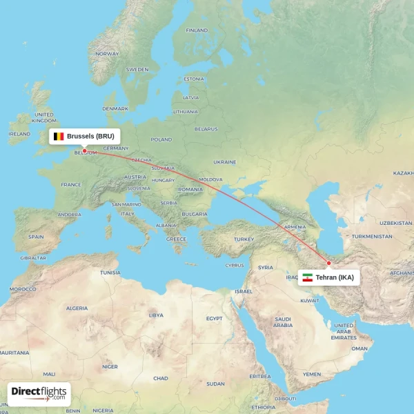 Brussels - Tehran direct flight map