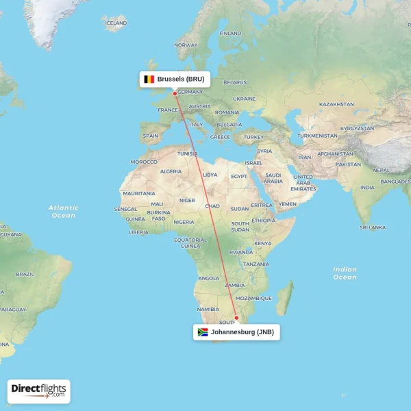 Brussels - Johannesburg direct flight map