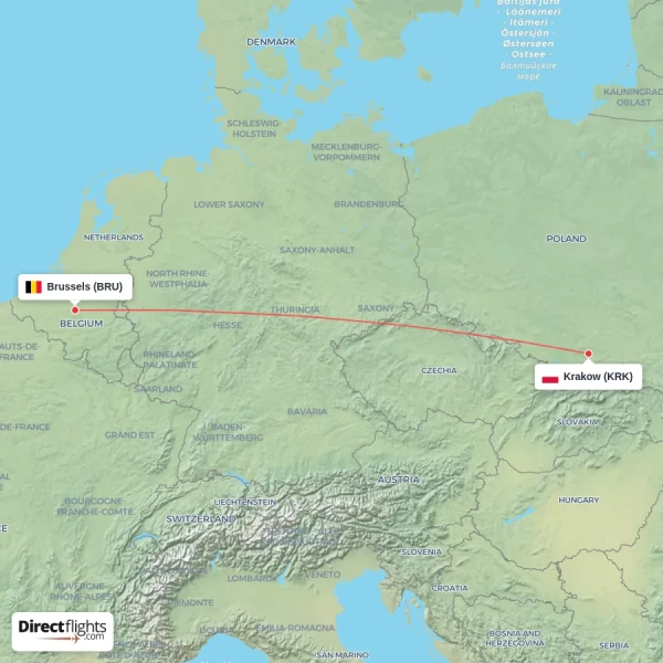 Brussels - Krakow direct flight map