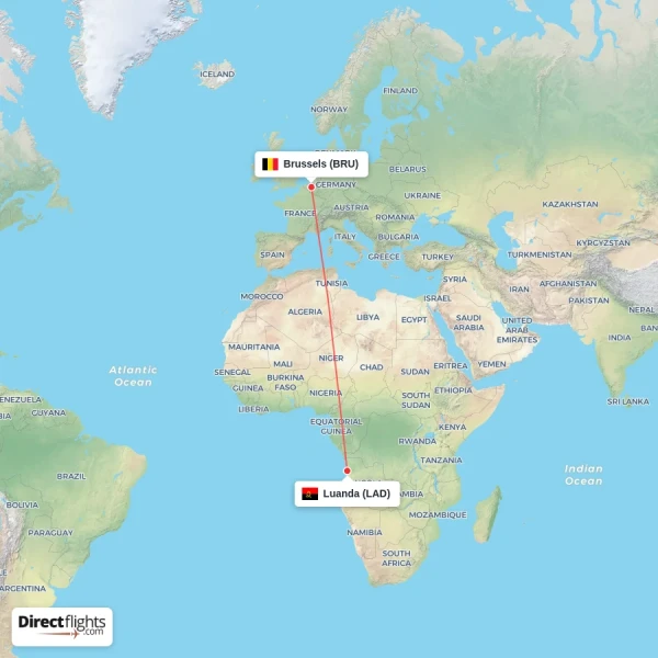 Brussels - Luanda direct flight map
