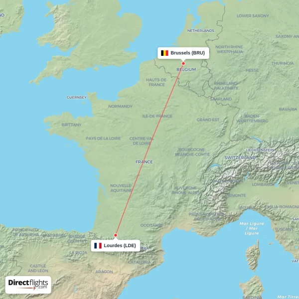 Brussels - Lourdes direct flight map