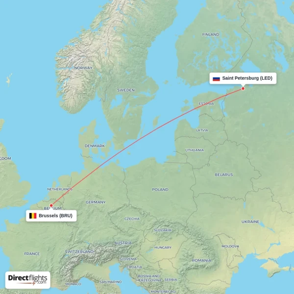 Brussels - Saint Petersburg direct flight map