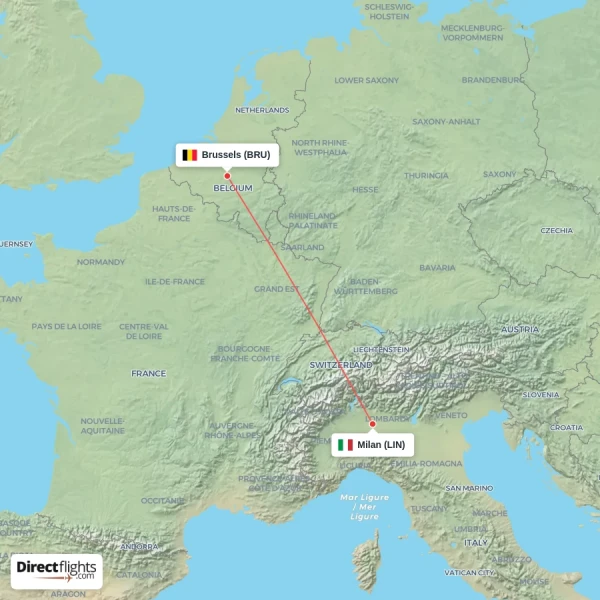 Brussels - Milan direct flight map