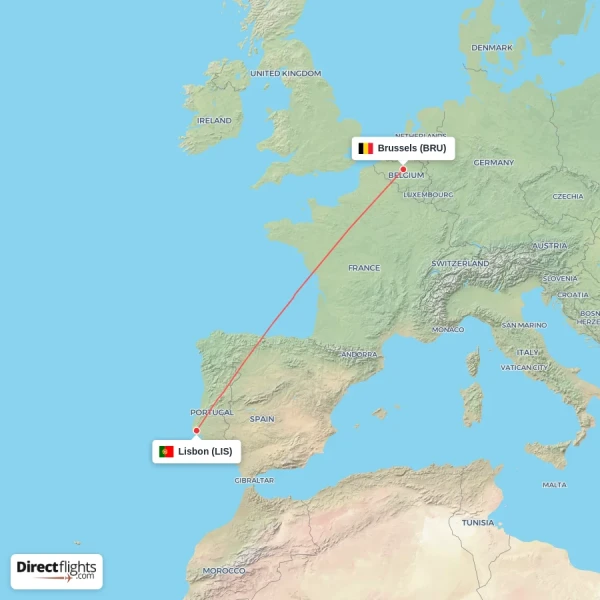 Brussels - Lisbon direct flight map