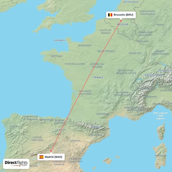 Brussels - Madrid direct flight map