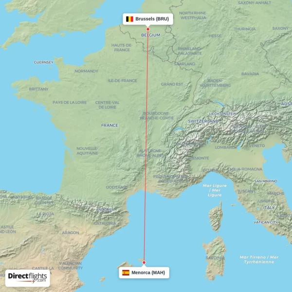 Brussels - Menorca direct flight map